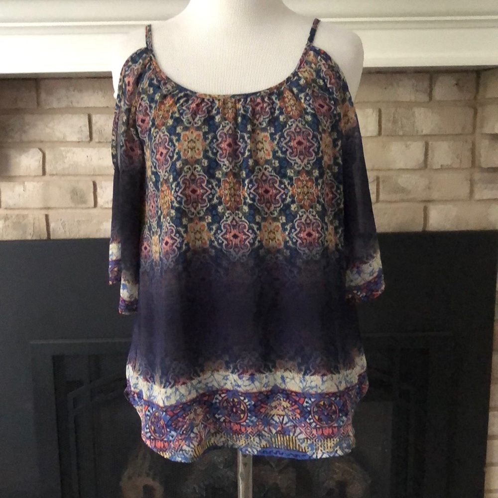 DayTrip Blue Cold Shoulder Chiffon Overlay Tank size XS - Picture 1 of 9
